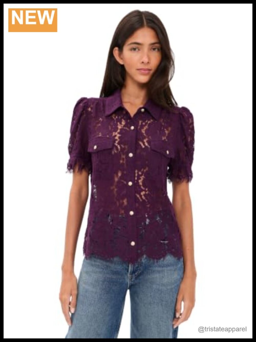 Women's Lace Button Down Shirt Floral Puff Sleeves Collared Blouse